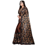 Coffee Lycra blend saree with blouse (5-6 mtrs), half-half style with mirror work Banglory silk blouse on display