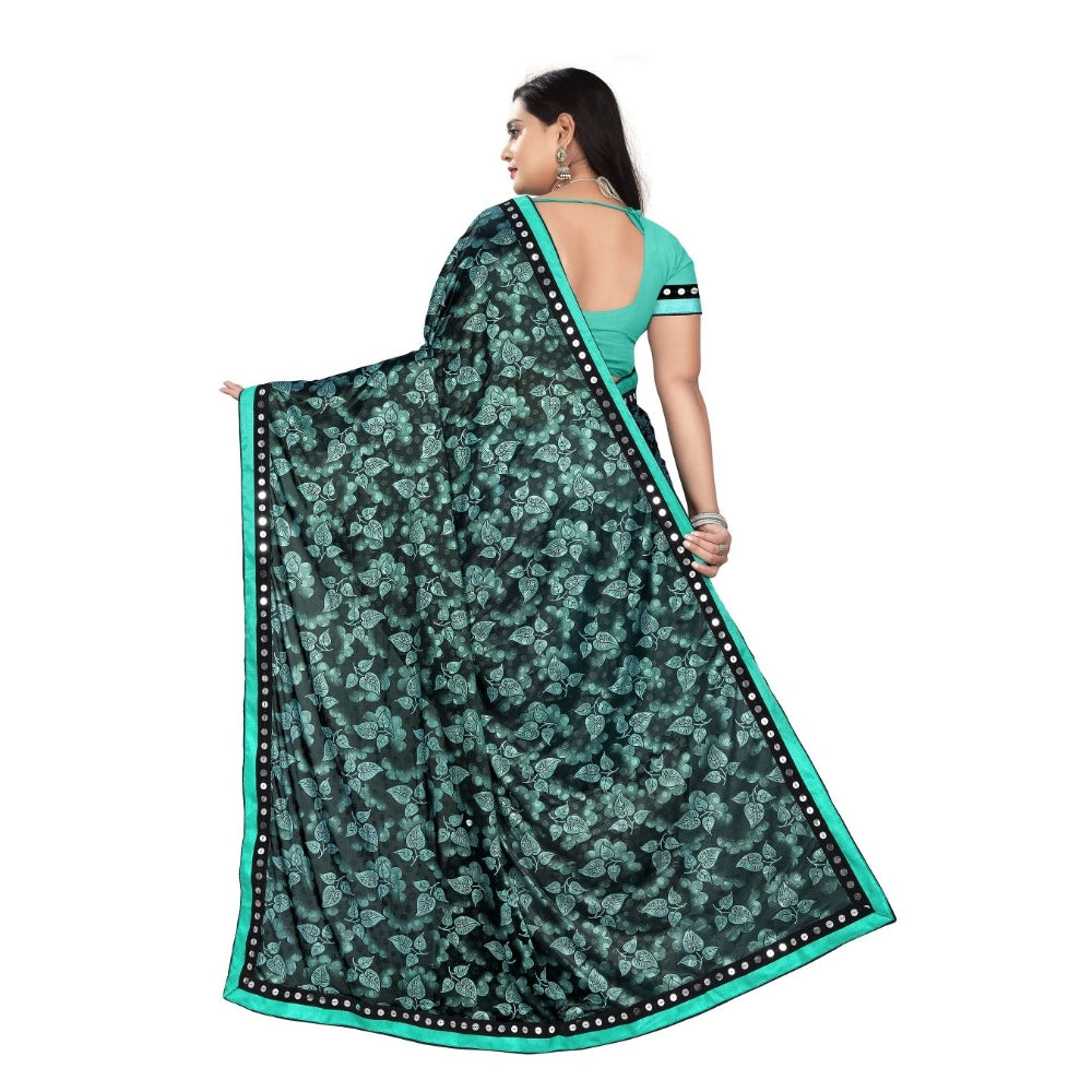 Women's Rama Lycra Blend Saree with unstitched blouse (5-6 meters), features mirrorwork on Banglore silk blouse in party/festive half-half style