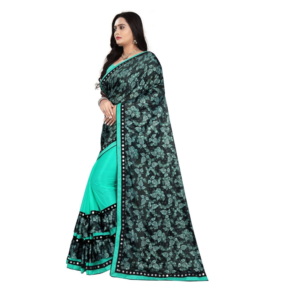 Rama Lycra blend saree with blouse (5-6 mtrs), party-ready half-half style in mirrorwork Banglory silk blouse
