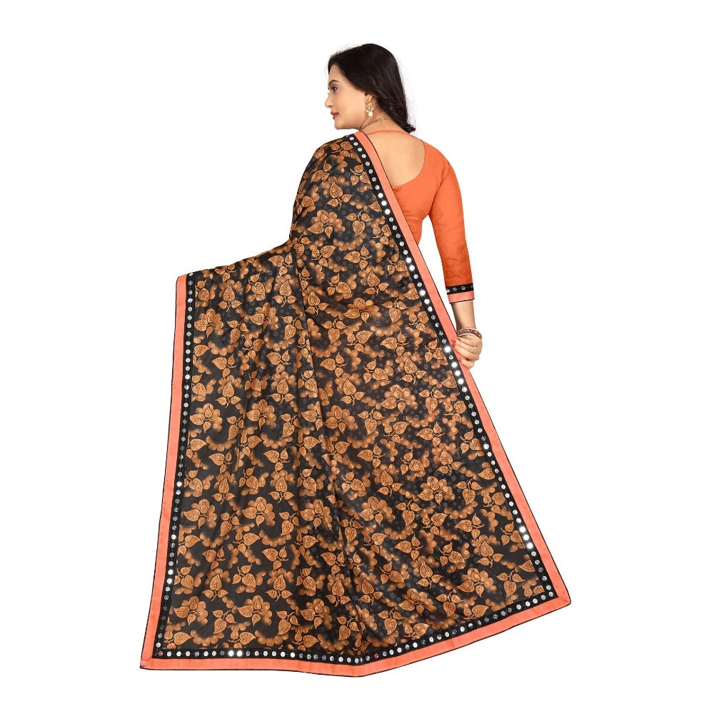 Orange Lycra blend saree with unstitched blouse featuring mirror work on Banglore silk, suitable for party or festive occasions