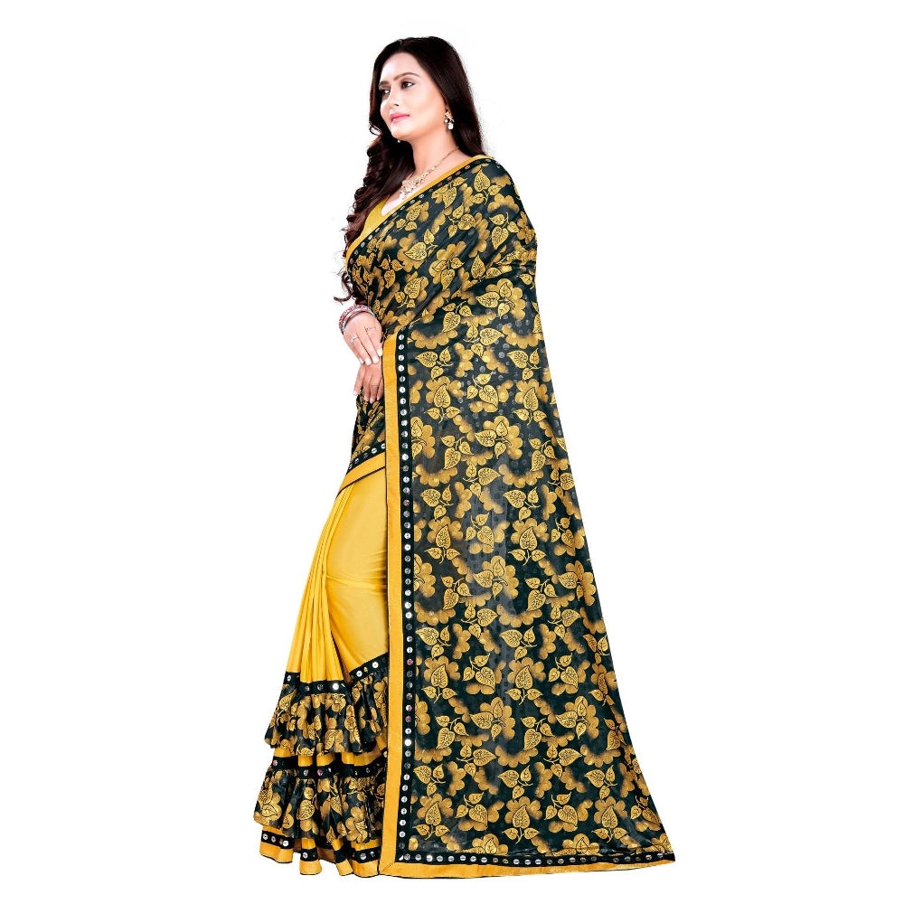 Mustard Lycra blend saree with blouse (5-6 mtrs), half-half style, unstitched blouse featuring mirror work on Banglore silk