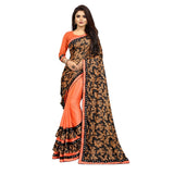 Orange Lycra blend saree with unstitched blouse for party occasions, half-half style, mirror work on Banglore silk blouse