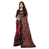 Red Lycra blend saree with blouse (5-6 mtrs), half-half style, unstitched mirrorwork Banglory silk blouse on display stand