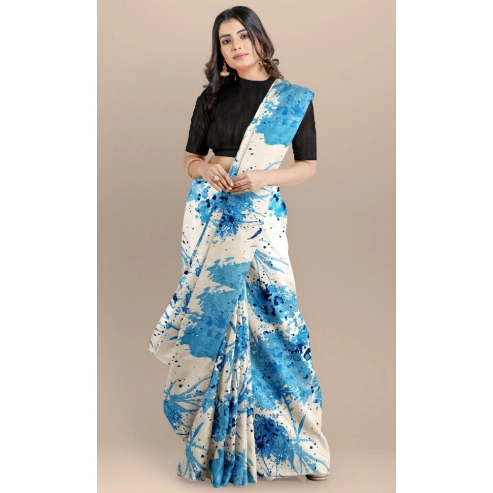 Joya silk saree with blouse (sky), 5-6 meters - daily wear, printed design in solid banglory silk blouse