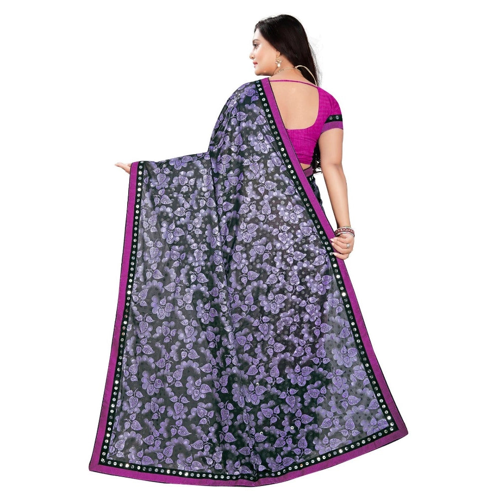 Purple Lycra blend saree with mirror-work blouse (5-6 mtrs), perfect for party or festive occasions