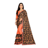Orange Lycra blend saree & blouse (5-6 mtrs), half-half style with mirrorwork Banglory silk blouse, ideal for party and festive occasions