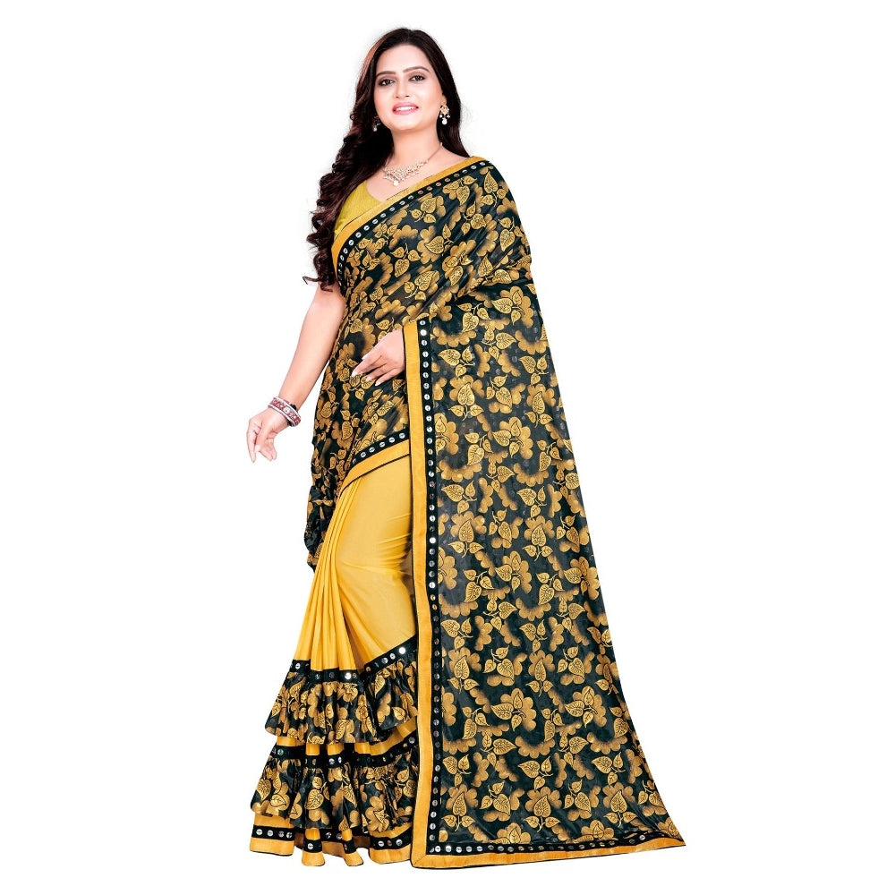 Mustard Lycra blend saree with blouse (5-6 meters), half-half style, mirrorwork Bangalore silk unstitched blouse for festive parties