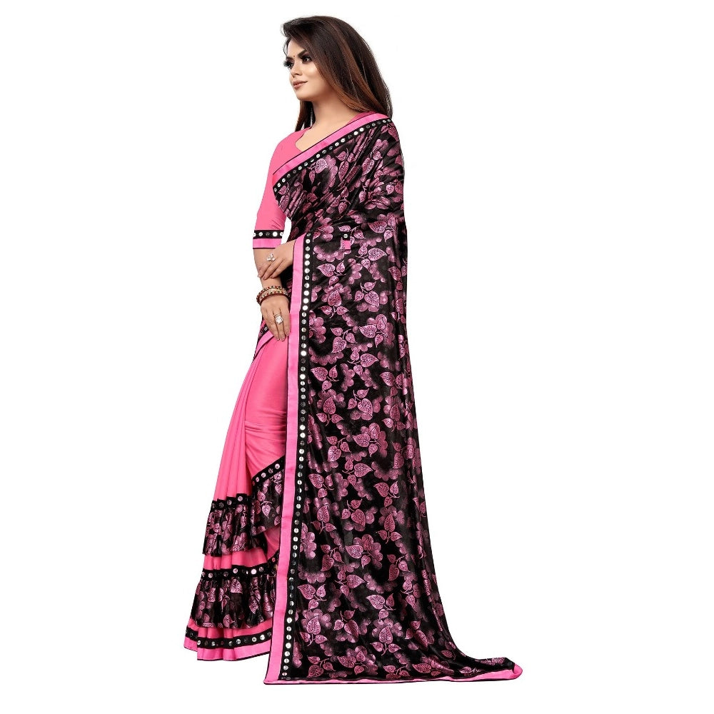 Pink Lycra blend saree with mirror work blouse (5-6 meters), ideal for party or festive occasions on a mannequin