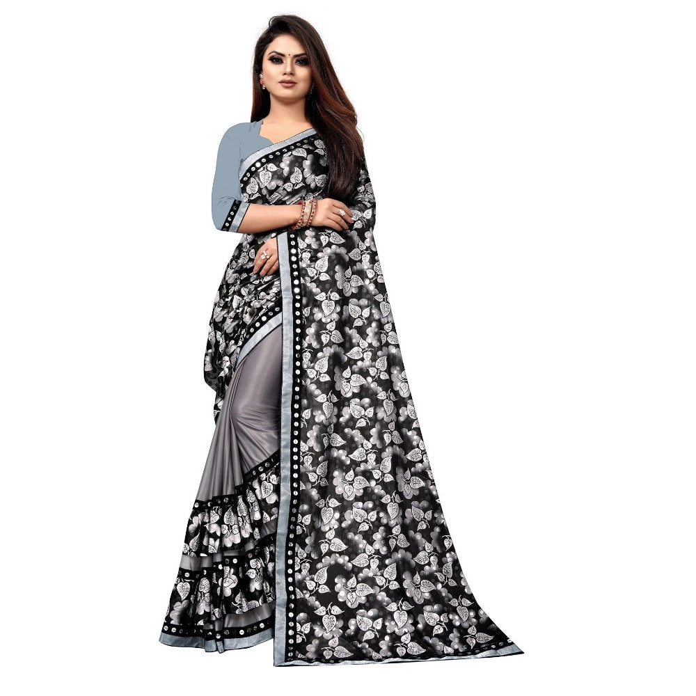 Grey Lycra blend saree with blouse (5-6 mtrs), half-half style, mirror work blouse made of Banglory silk for party or festive occasions