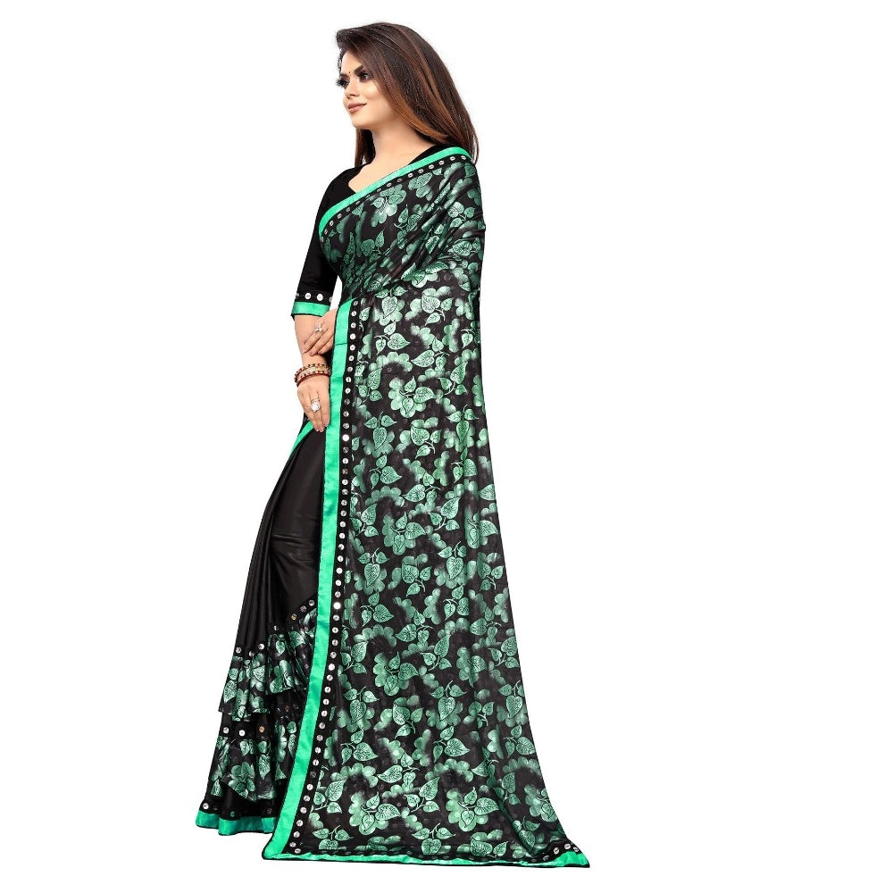 Green Lycra blend saree with blouse (5-6 mtrs), half-half style, unstitched blouse with mirror work on Banglore silk