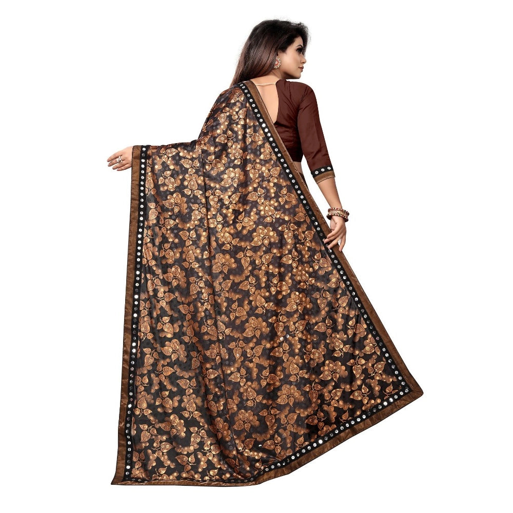 Coffee Lycra blend saree with blouse (5-6 mtrs), half-half style, Banglore silk blouse with mirror work
