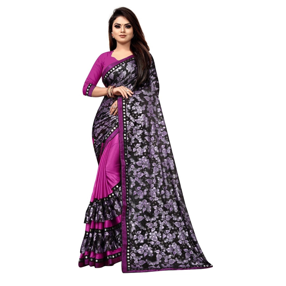 Purple Lycra blend saree with mirrorwork blouse (5-6 meters), perfect for festive occasions