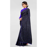 Blue Vichitra saree with unstitched brocade blouse for party occasion, sequence work on display stand