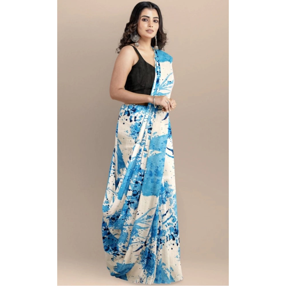 Joya silk saree and blouse (sky), 5-6 meters, printed design with solid unstitched blouse in Banglore silk fabric
