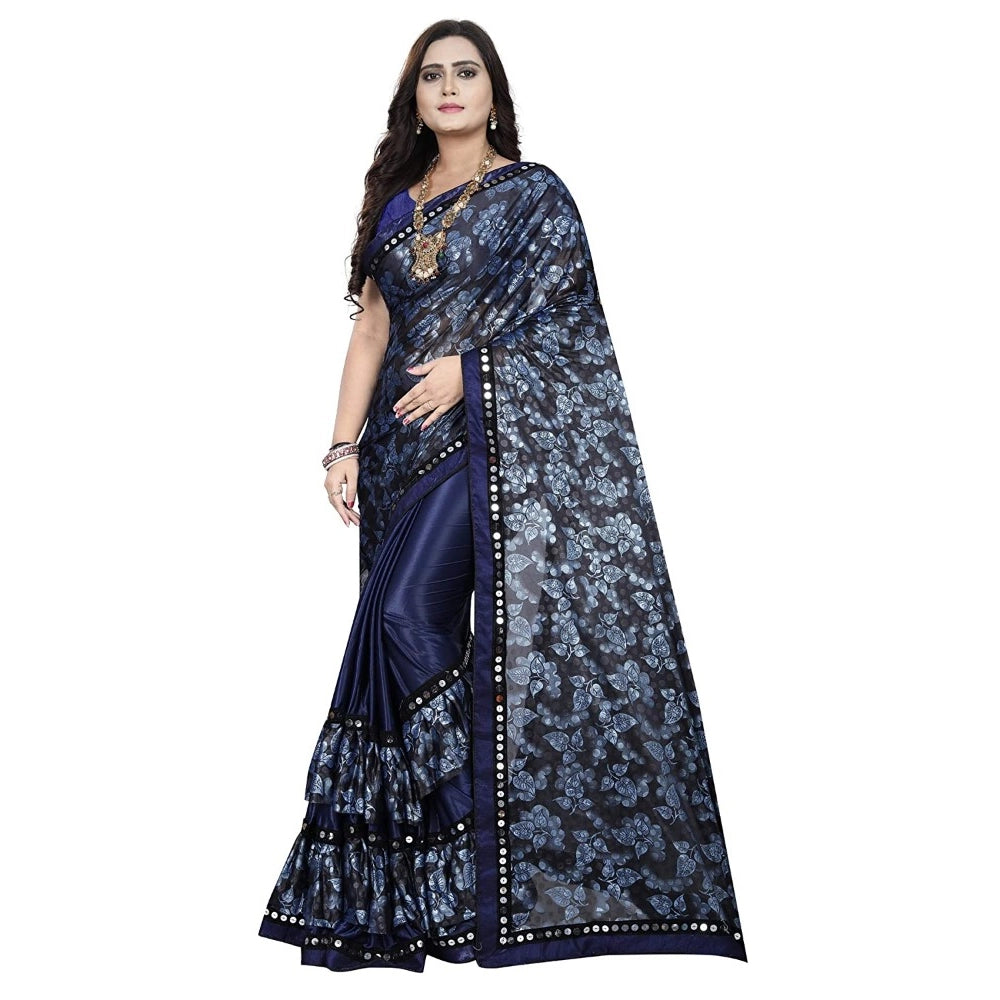 Blue Lycra blend saree with blouse (5-6 mtrs), half-half style, unstitched blouse with mirror work on Banglore silk - festive wear for parties