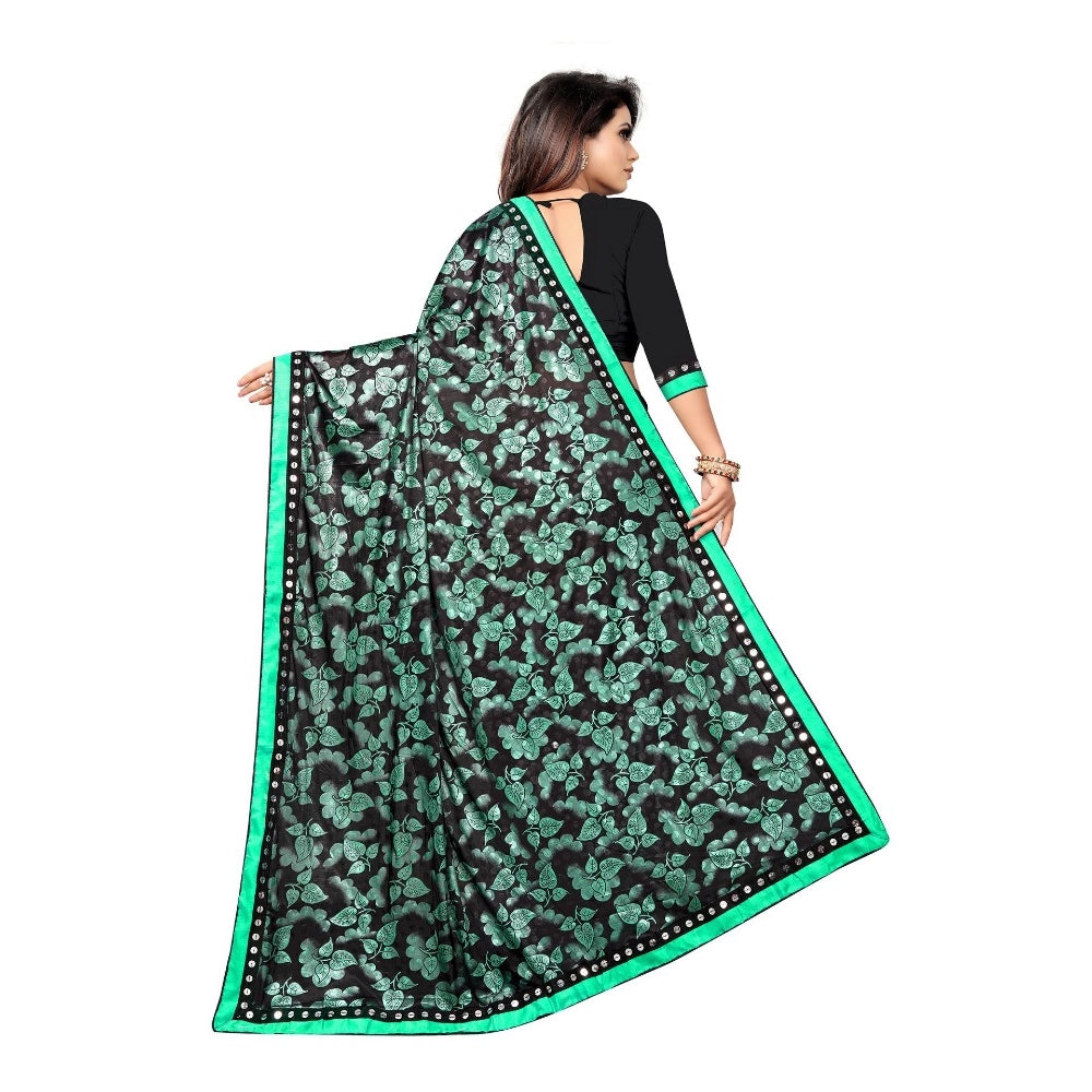 Green Lycra blend saree with blouse (5-6 mtrs), half-half style, unstitched blouse with mirror work on Banglore silk