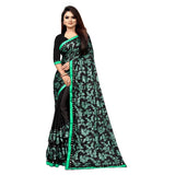 Green Lycra blend saree with blouse (5-6 mtrs), half-half style, mirror work on Banglore silk blouse, suitable for party or festive occasions