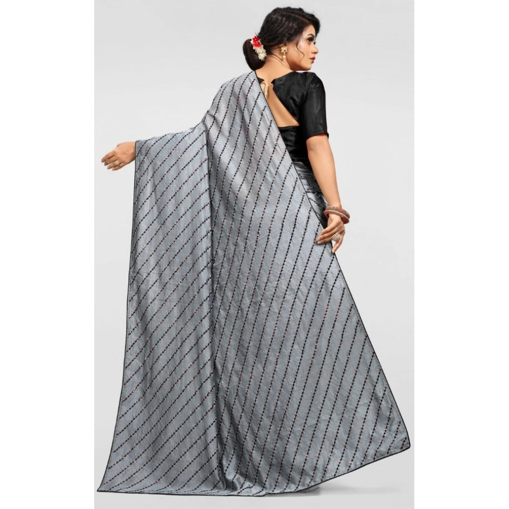 Grey Vichitra saree with unstitched brocade blouse - daily wear sequence work traditional Indian attire