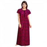 Women's pink cotton printed maxi nighty for daily wear with short sleeves and round neck