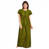 Green cotton printed maxi nightgown with short sleeves and round neck for daily wear