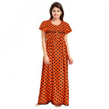 Orange cotton printed maxi nightgown for daily wear, short sleeves and round neck
