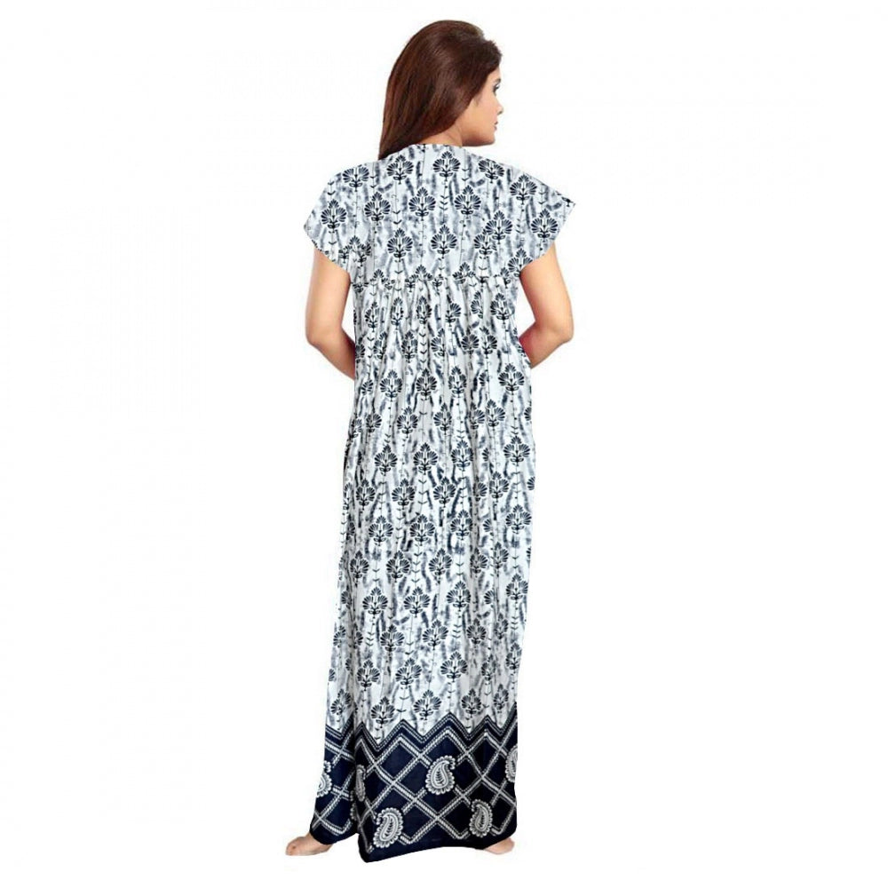 Navy blue cotton printed maxi nighty for daily wear, short sleeves and round neck