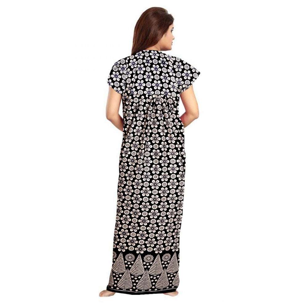 Black cotton printed maxi nighty for daily wear, short sleeves and round neck