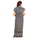 Black cotton printed maxi nighty for daily wear, short sleeves and round neck