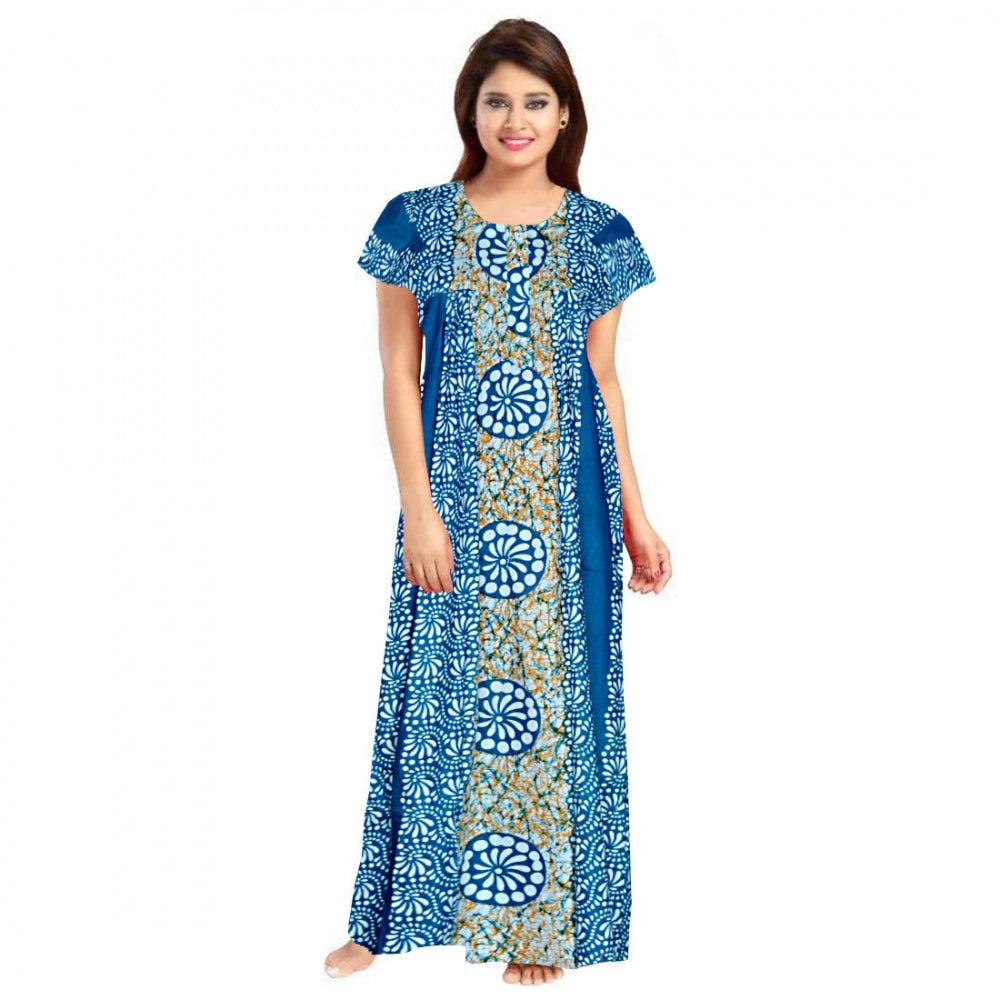 Blue cotton printed maxi nightgown for daily wear, short sleeves and round neck