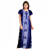 Blue cotton printed maxi nightgown with short sleeves and round neck, ideal for daily wear