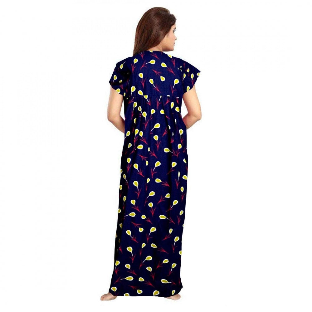 Purple cotton printed maxi nightgown for daily wear, short sleeves and round neck