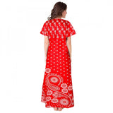 Red cotton printed maxi nighty for daily wear, short sleeves, round neck