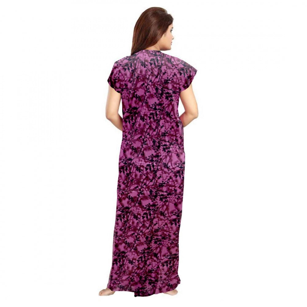 Women's wine-colored cotton printed maxi nighty for daily wear