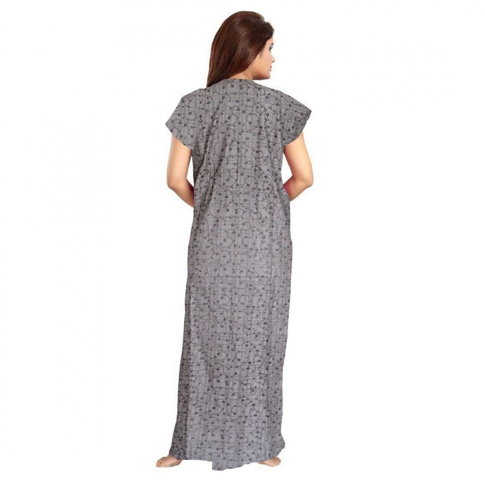 Grey cotton printed maxi nightgown for daily wear with short sleeves and round neck