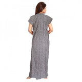 Grey cotton printed maxi nightgown for daily wear with short sleeves and round neck