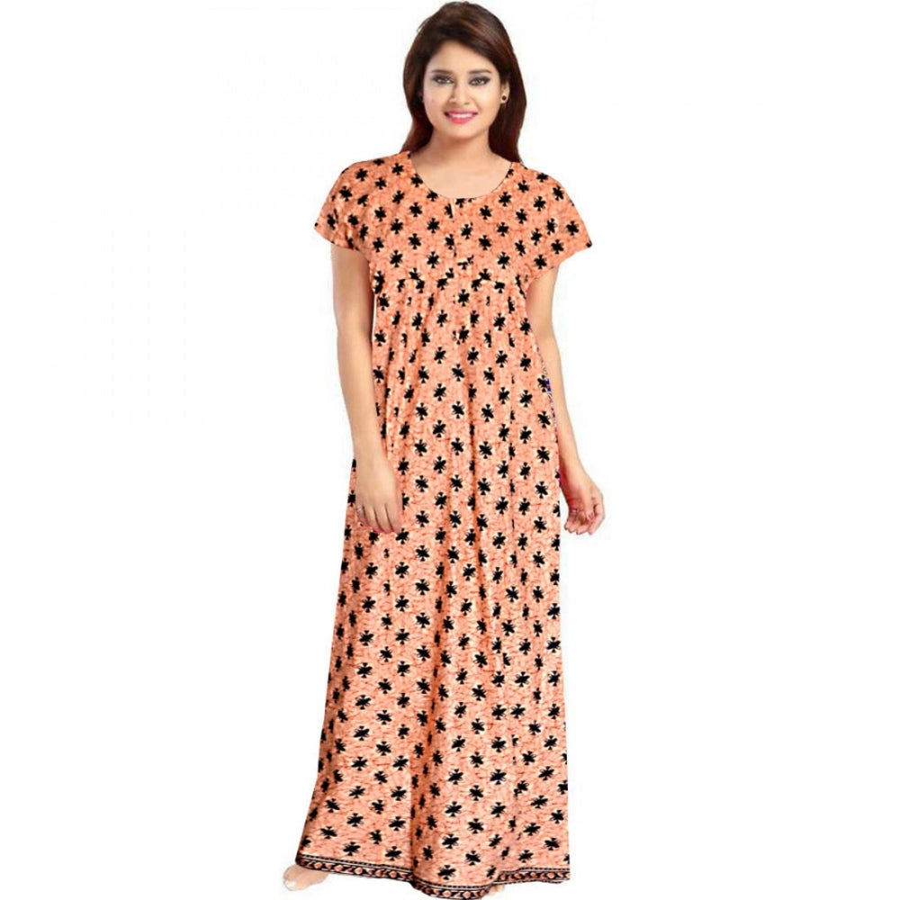 Peach cotton printed maxi nighty for daily wear, short sleeves and round neck