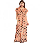 Peach cotton printed maxi nighty for daily wear, short sleeves and round neck