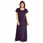 Purple cotton printed maxi nightgown for daily wear, short sleeves and round neck