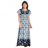 Navy blue cotton printed maxi nighty for daily wear, short sleeves & round neck