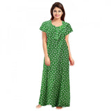 Green cotton printed maxi nightgown for daily wear, short sleeves, round neck