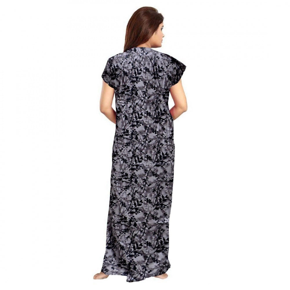 Grey cotton printed maxi nightgown with short sleeves and round neck for daily wear