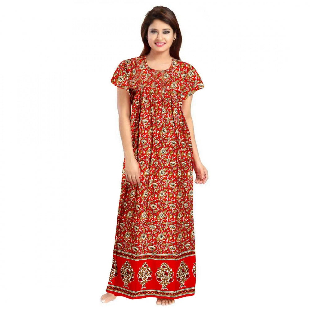 Red cotton printed maxi nighty for daily wear