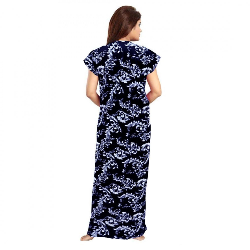 Blue cotton printed maxi nightgown for daily wear, short sleeves and round neck