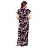 Women's wine-colored cotton printed maxi nighty for daily wear, short sleeves and round neck design