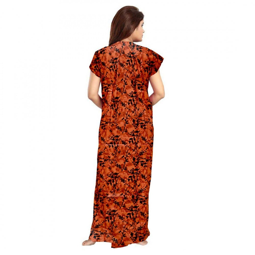 Orange cotton printed maxi nightgown with short sleeves and round neck, suitable for daily wear