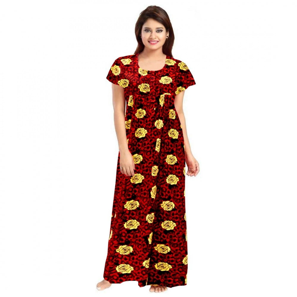 Maroon cotton printed maxi nighty for daily wear, short sleeves and round neck