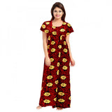 Maroon cotton printed maxi nighty for daily wear, short sleeves and round neck