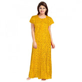 Yellow cotton printed maxi nightgown for daily wear, short sleeves and round neck