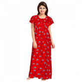 Red cotton printed maxi nightgown for women's daily wear