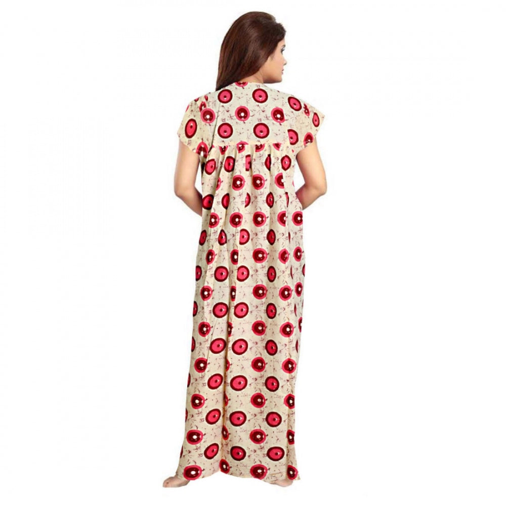 Red cotton printed maxi nightgown for daily wear with short sleeves and round neck